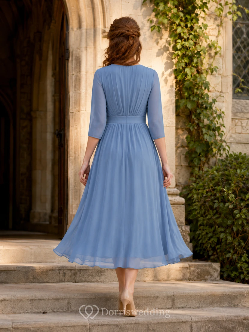 Dusty blue three quarter sleeve V-neck chiffon chapel dress view 2