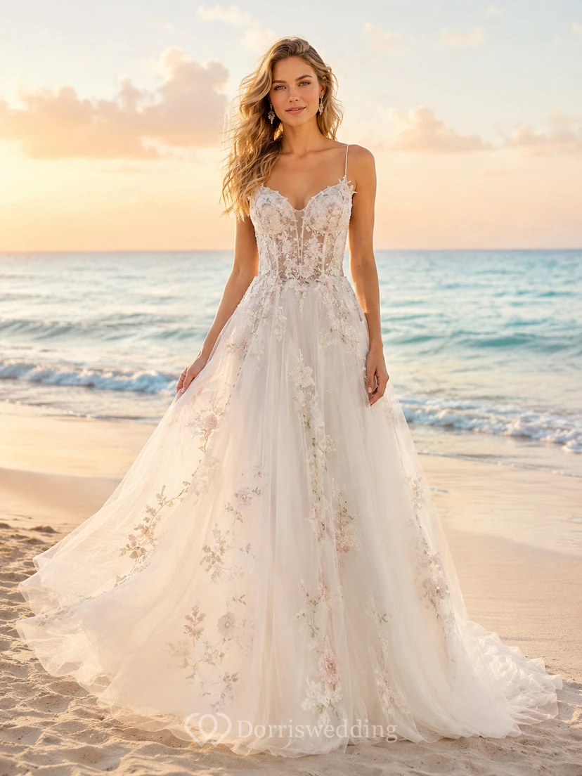 Pastellfarbenes Brautkleid aus Tüll mit Spaghettiträgern und Blumenmuster in A-Linie