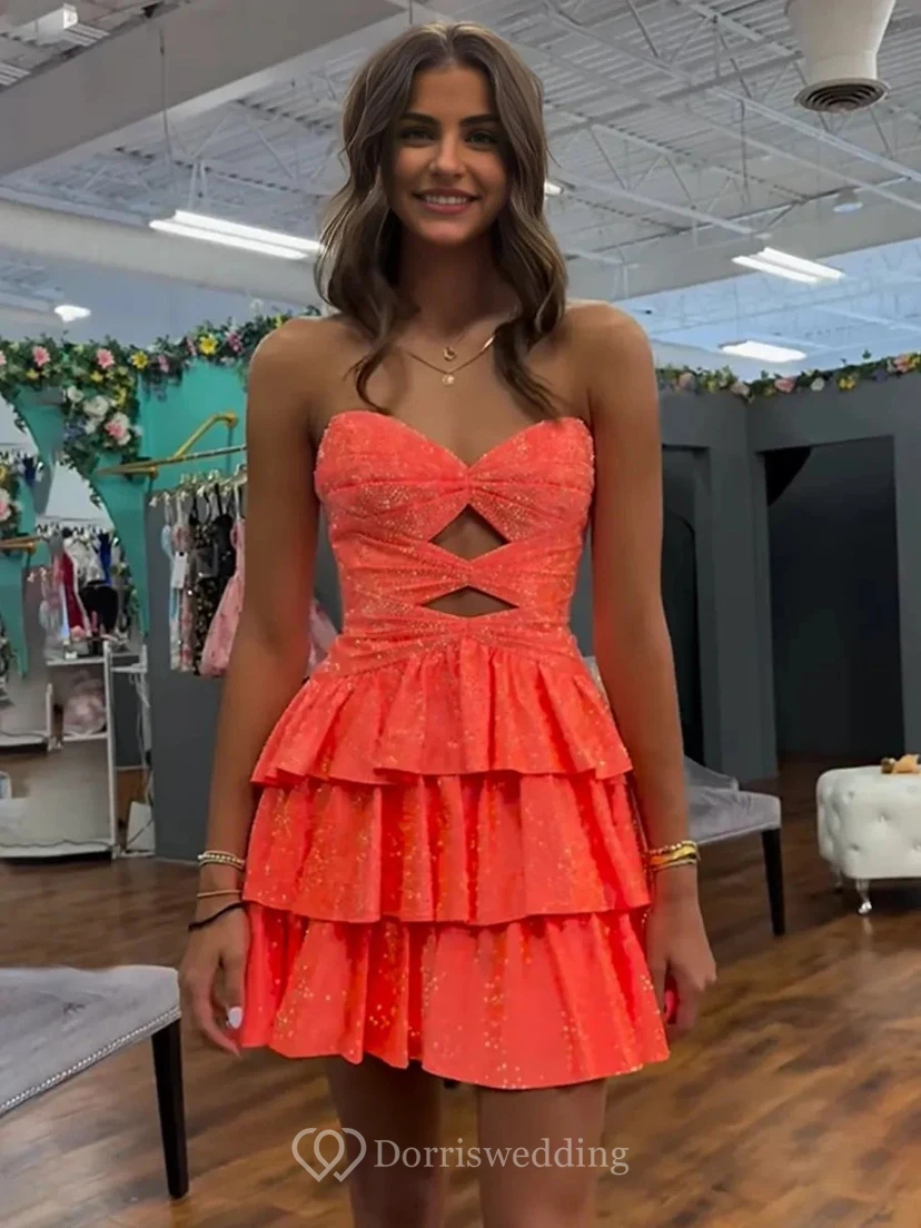 Orangefarbenes, paillettenbesetztes, trägerloses Rüschenkleid