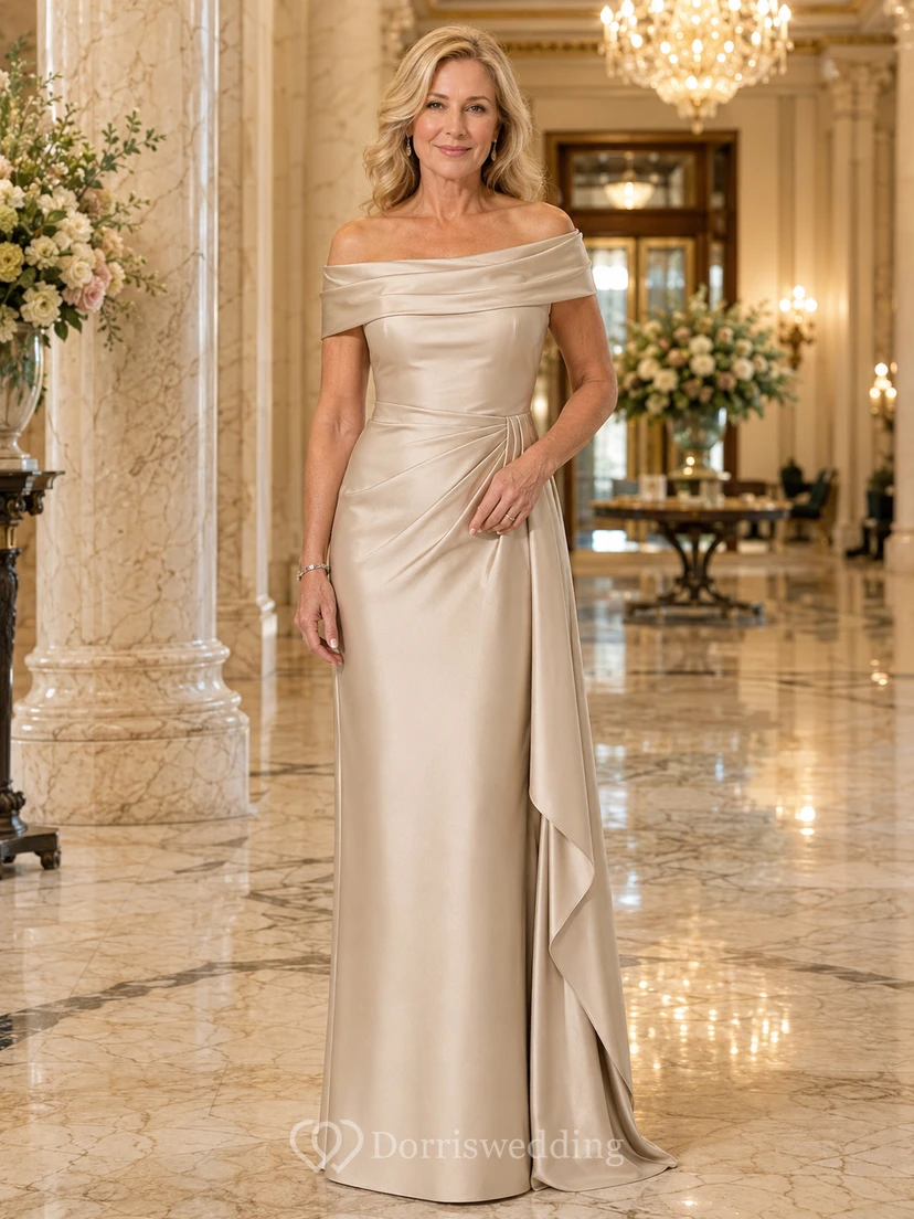 Champagnerfarbenes, luxuriöses, schulterfreies, ärmelloses, drapiertes Satin-Etui-Kleid in Bodenlänge – perfekt für Hotelhochzeiten und die Mutter der Braut