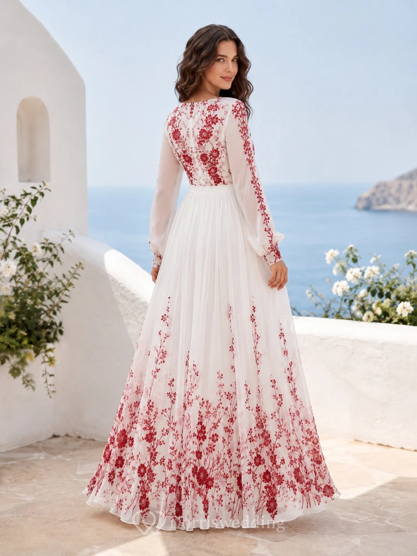 Rotes, geblümtes, glockenärmeliges, V-Ausschnitt-Spitzen-A-Linien-Brautkleid im Boho-Stil, bodenlang view 2