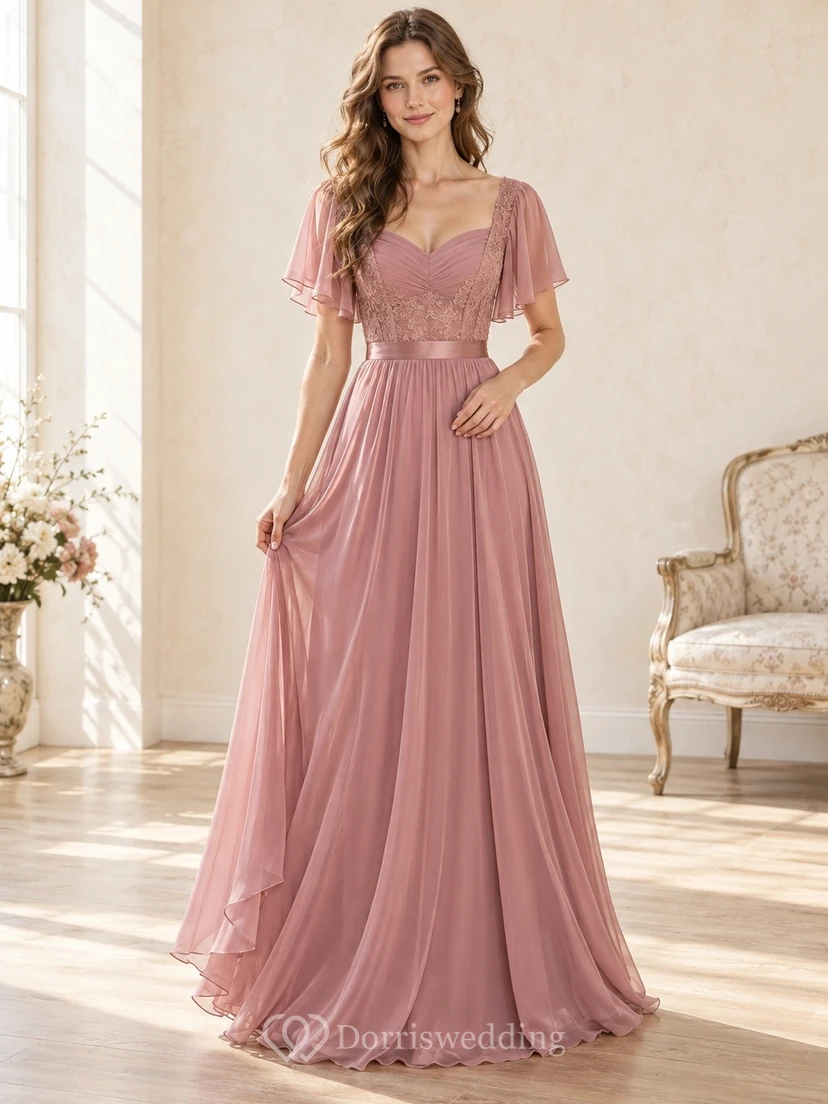 Vintage Dusty Rose V-neck Lace Flutter Sleeve Chiffon Formal Dress