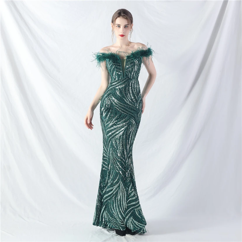 Robe de soirée haut de gamme à sequins, ornée d'un gilet à taille en arêtes de poisson et de plumes d'autruche. view 23