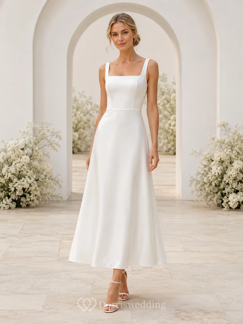 Robe de demoiselle d'honneur blanche en satin, coupe trapèze, col carré, longueur thé