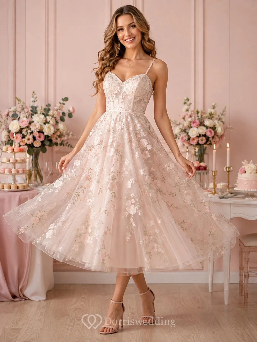 Bridal Romantic Sweetheart Lace-Tulle Sleeveless A-Line Tea-Length Wedding Dress