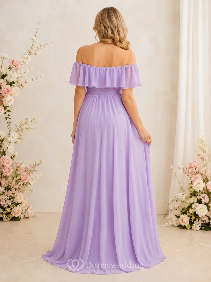 Vestido de gasa de corte A largo hasta el suelo con hombros descubiertos y volantes, color lavanda, para baby shower. view 2