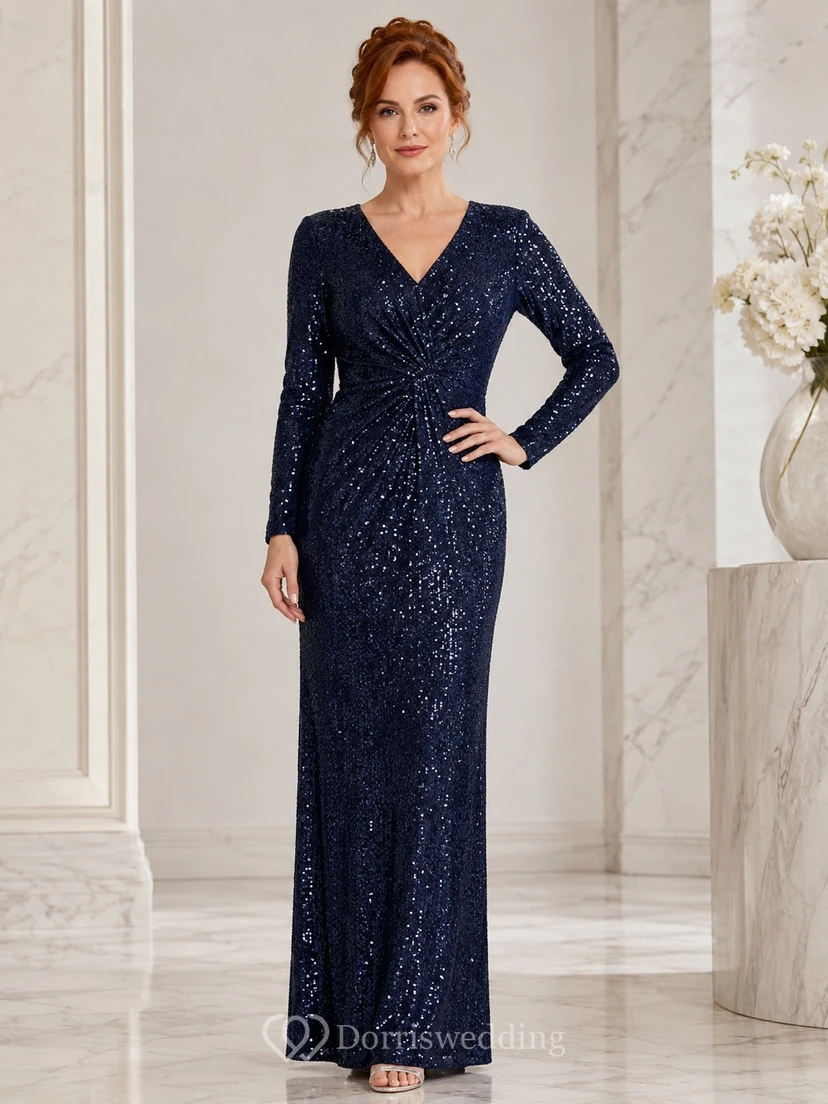 Dark Navy Sequin V-Neck Long-Sleeve Sheath Floor-Length Evening Dress