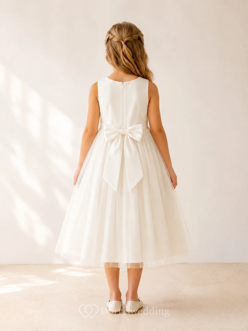 Simple Tulle with Bow Back A-Line Flower Girl Dress with Jewel Neck and Tea-Length Skirt view 2
