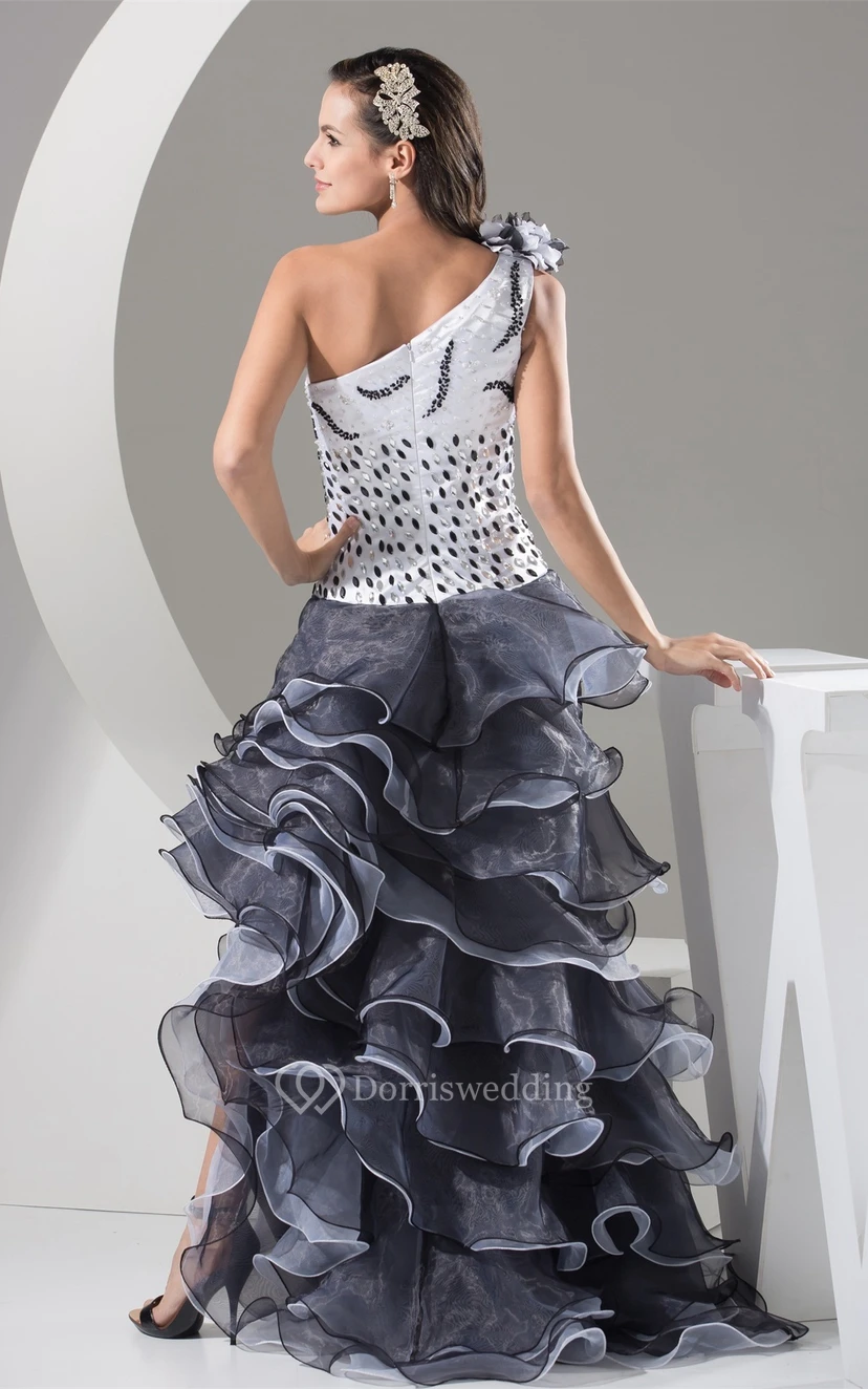 Flowered One Shoulder Floor Length A-Line Sleeveless Gown With Cascading Ruffles and Sequins view 6