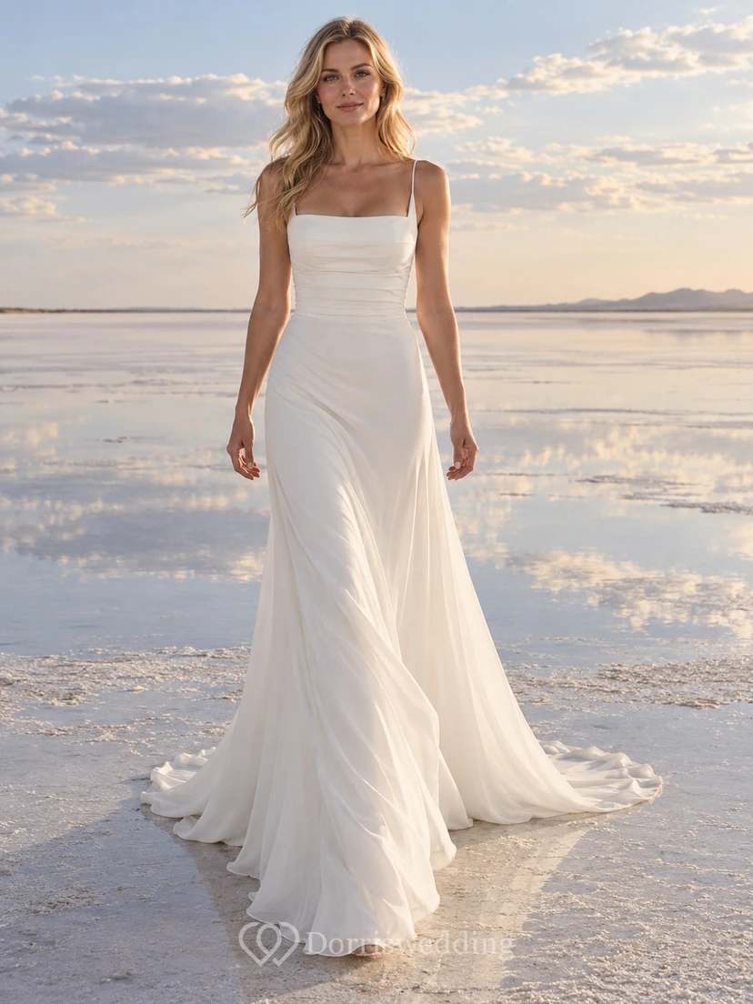 Vestido de novia sencillo de gasa con escote cuadrado, tirantes finos y cintura drapeada.