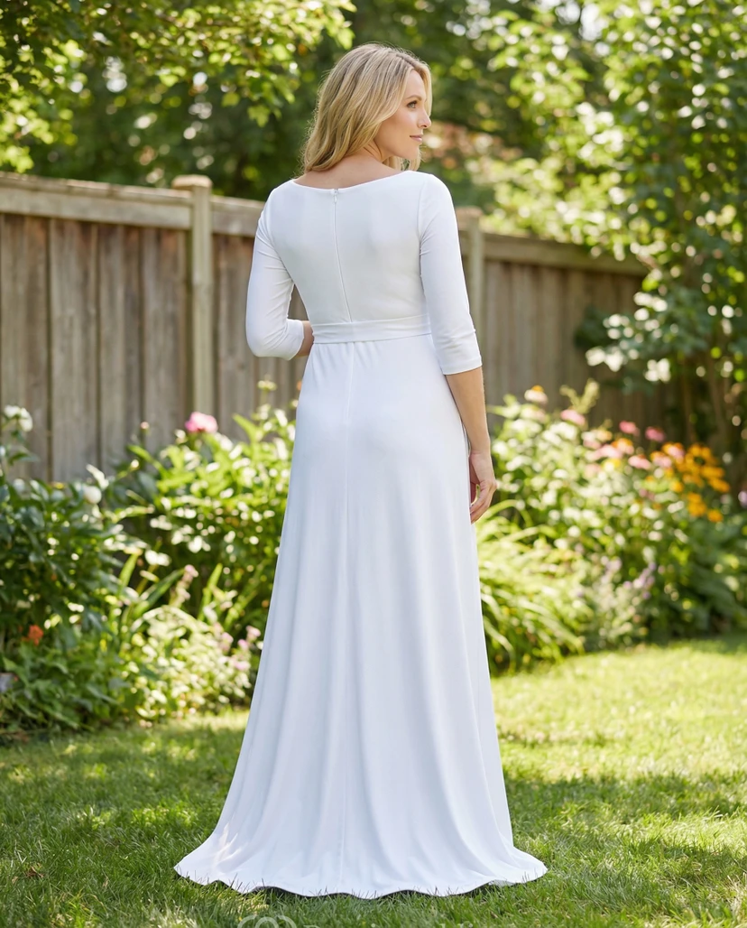 White V Neck Maternity Wedding Dress with Beaded Waist view 2
