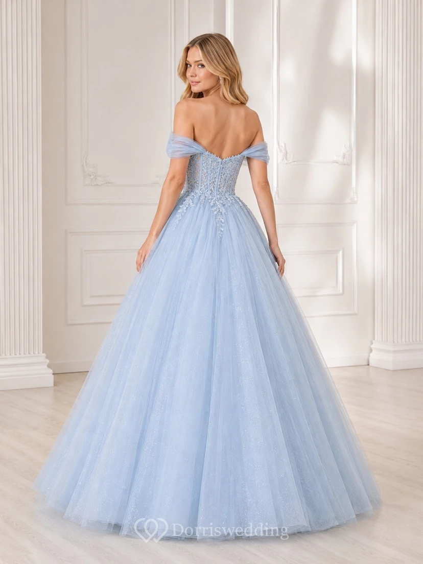 Sky Blue Tulle Lace Sweetheart Off-the-shoulder Short Sleeve Ball Gown Floor-length Beaded Romantic Prom Dress view 2