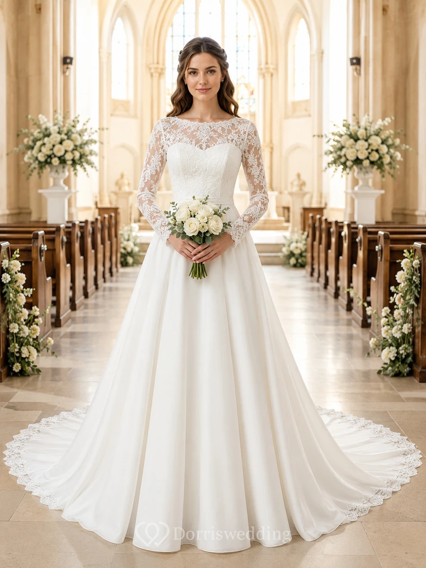 Modest Church Long Sleeve Lace Ball Gown Wedding Dress