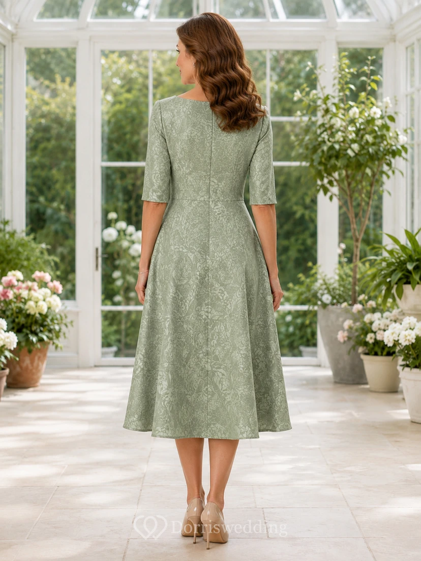 Salbeigrünes Vintage-Kleid in Teelänge, A-Linie, Jacquard-Muster, Rundhalsausschnitt und halben Ärmeln view 2
