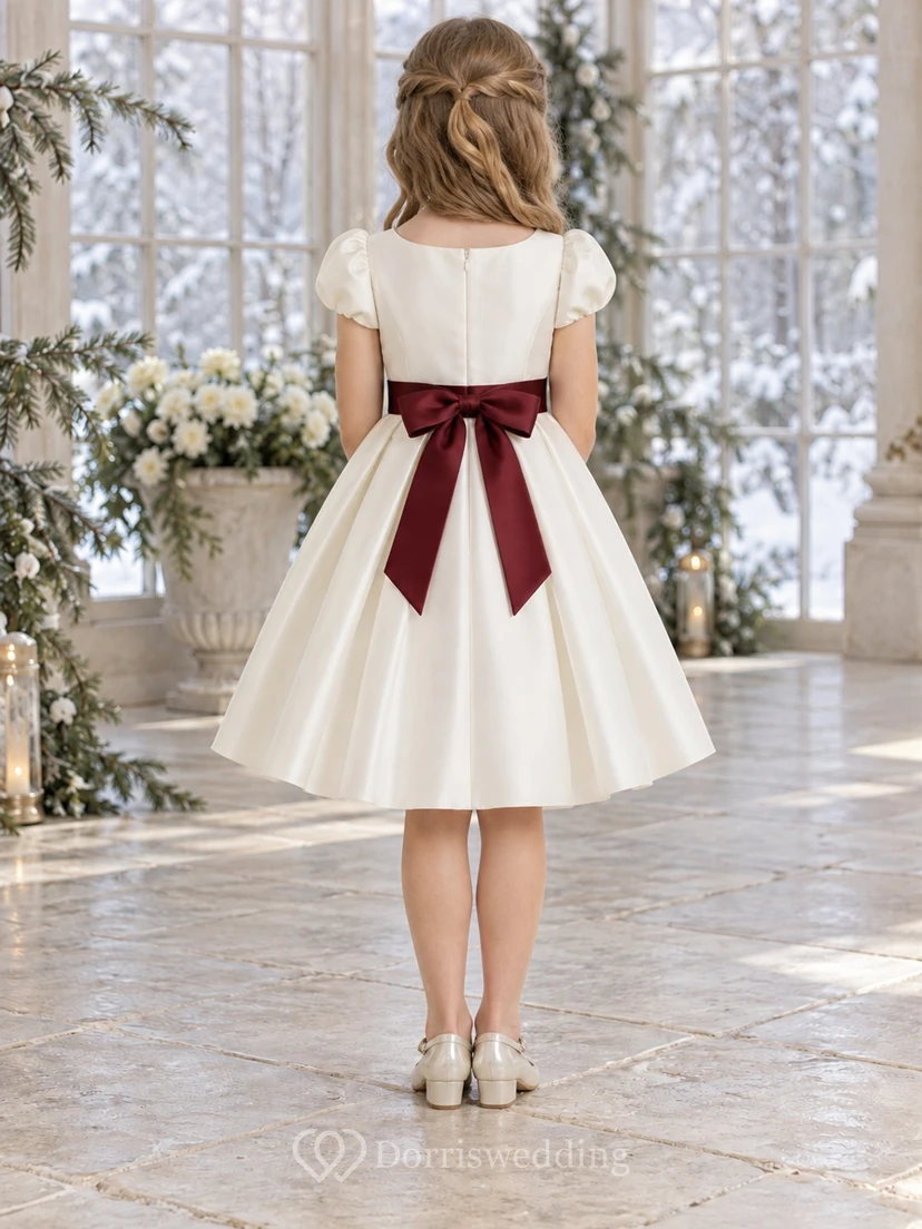 Ivory Satin Puff Sleeve Burgundy Bow Knee Length Flower Girl Dress view 2