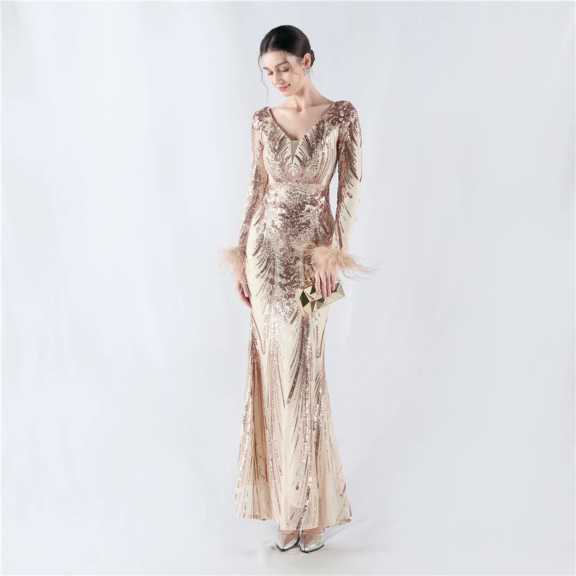Robe de soirée haut de gamme ornée de perles florales fixes et de poils d'autruche, hôte de la réunion annuelle d'hiver view 59