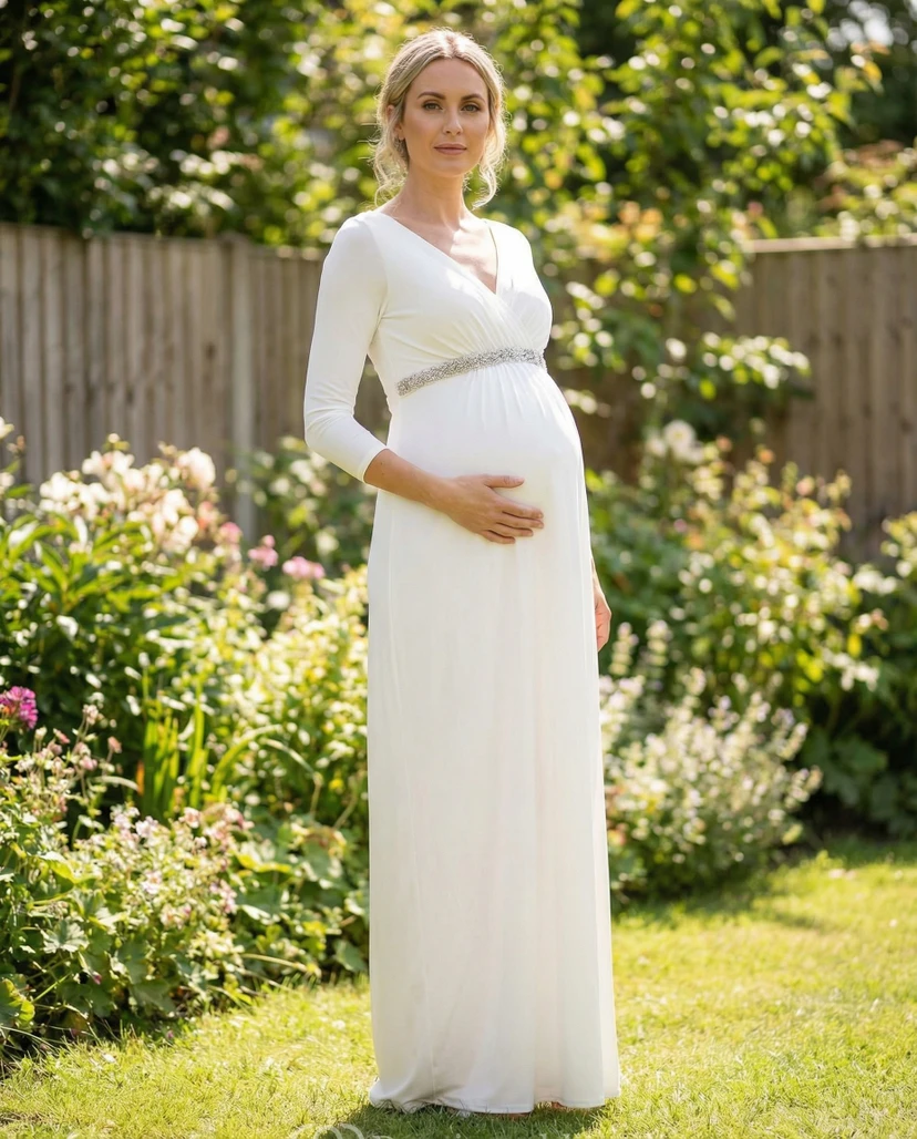 White V Neck Maternity Wedding Dress with Beaded Waist