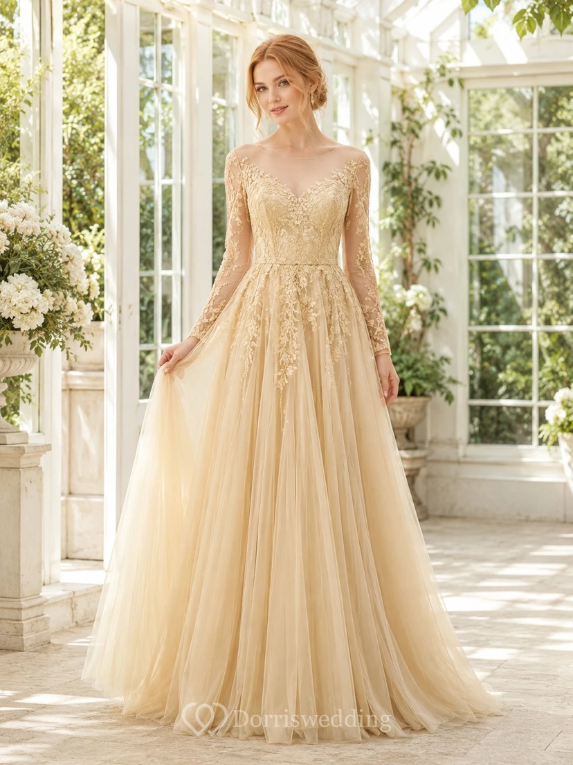 Gold Illusion Bateau Long Sleeve Applique Tulle A-Line Floor-Length Gown