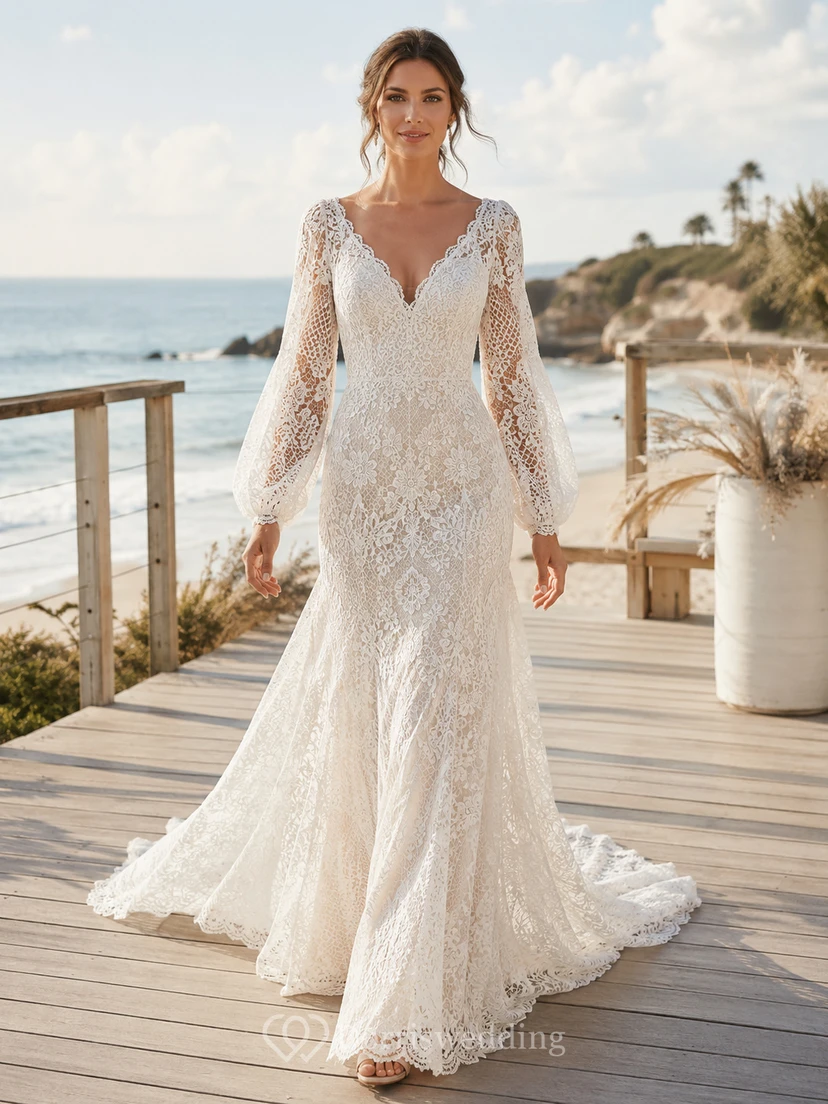 Bohemian V Neck Lace Wedding Mermaid Long Bell Sleeve Sweep Train