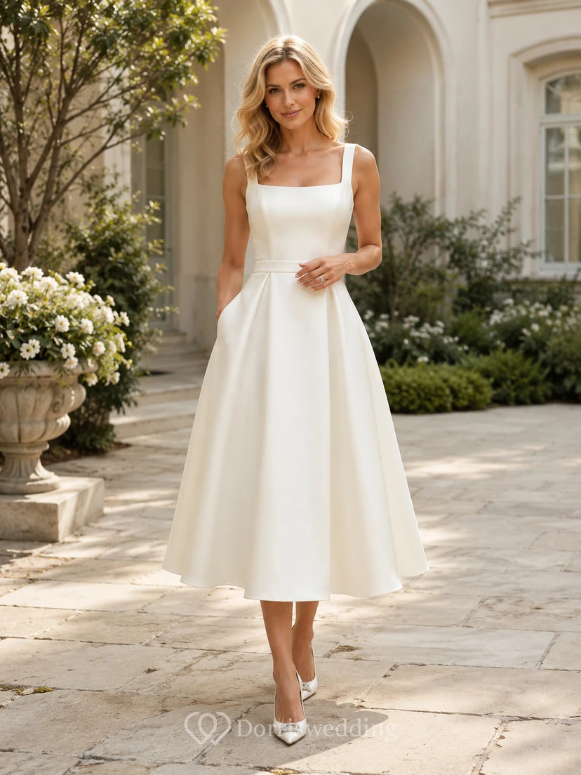 Vintage Brautkleid aus Satin, A-Linie, eckiger Ausschnitt, ärmellos, wadenlang
