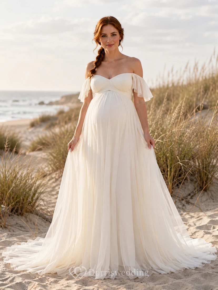 Maternity Wedding Dress Off Shoulder Sweetheart Simple Beach Bridal Gown