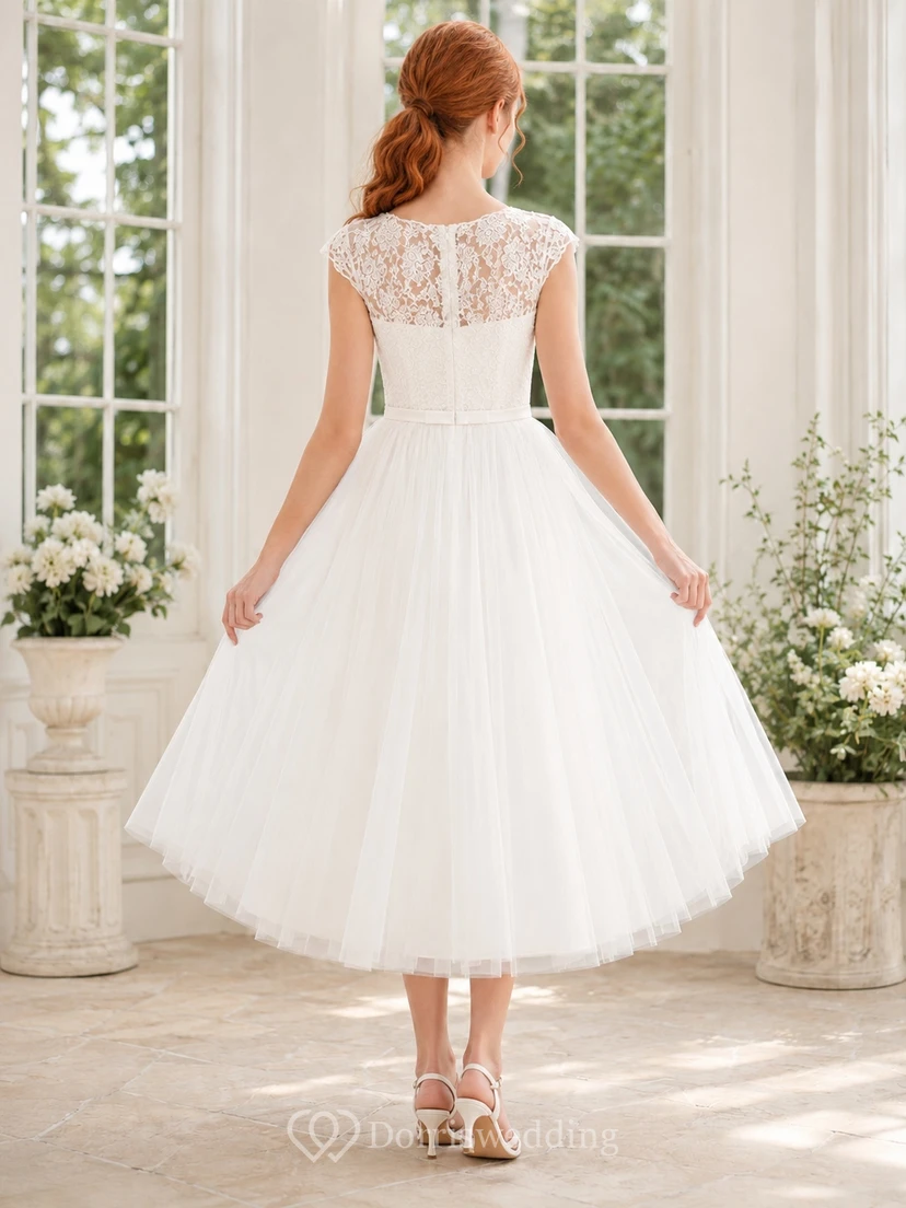 Junior-Brautjungfernkleid, A-Linie, Teelänge, Schmuckstein, kurze Ärmel, Spitze, romantisch view 2