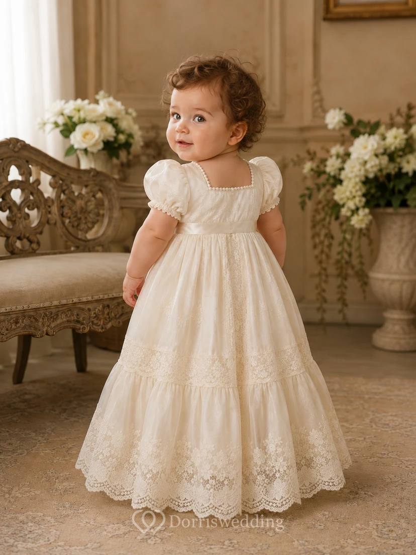 Vintage Puff Sleeve Square Neck Lace Floor Length Christening Baby Gown view 2