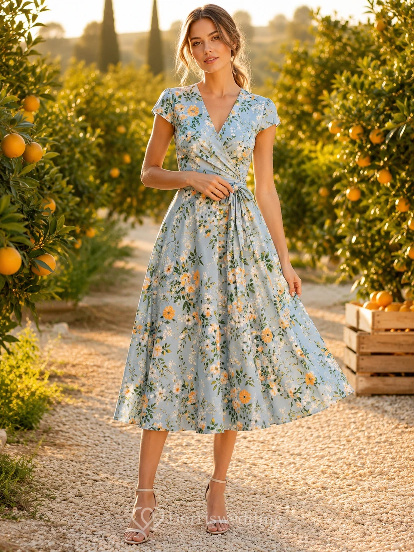 Blue Orange Blossom Print V-Neck Garden Tea Dress