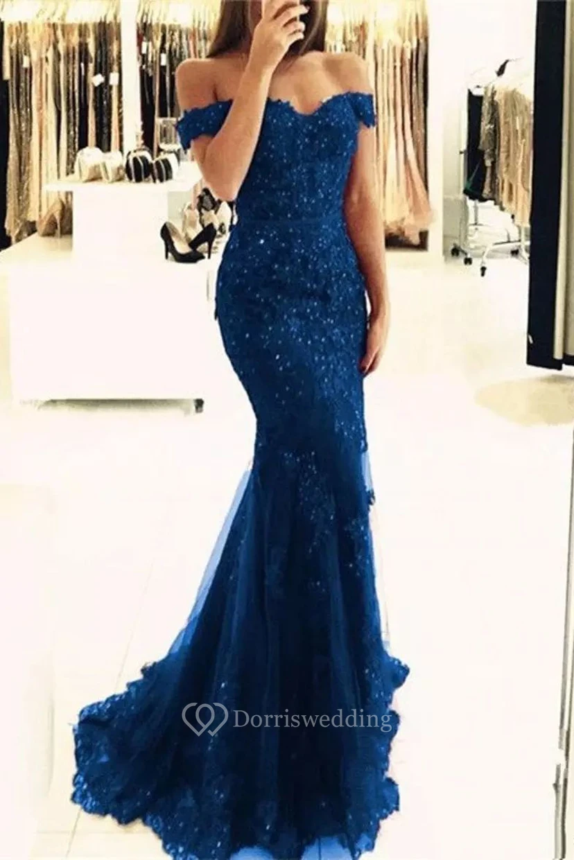 Off-the-shoulder Cap Short Sleeve Sweep/Brush Train Lace Tulle Trumpet Dress