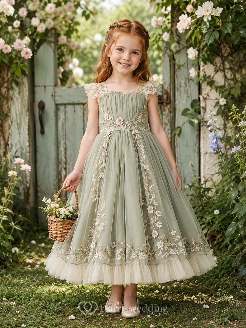 Sage Bohemian A-Line Tulle Flower Girl Dress Cap Sleeve Square Neck Ankle-Length Floral Lace Ruffle