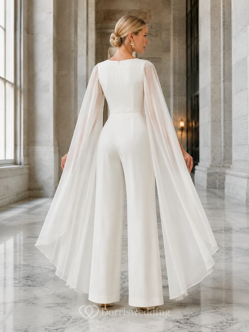 Courthouse Bridal V-Neck Cape Sleeve Jumpsuit Wedding Dress view 2
