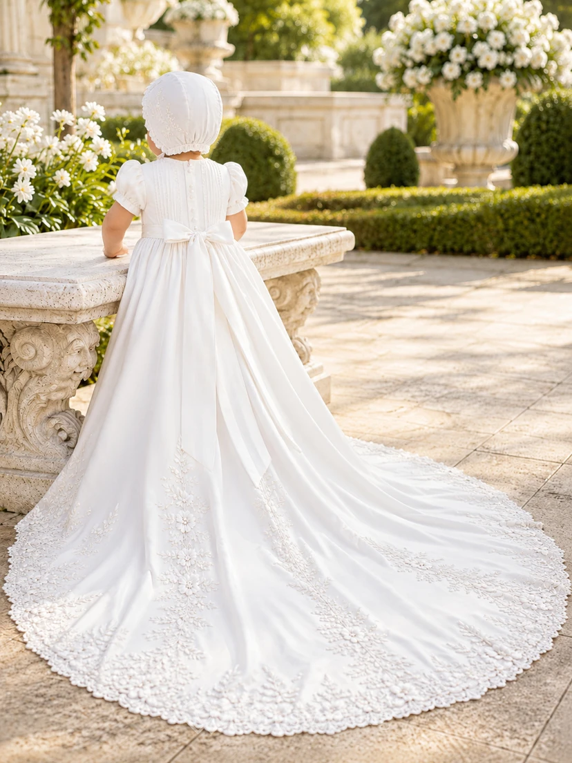 Vestido de lujo para ceremonia de bautizo/bautizo, corte A, largo hasta el suelo, cola catedral, cuello joya, manga corta, lazo de encaje de tul en la espalda y botones en la espalda. view 2