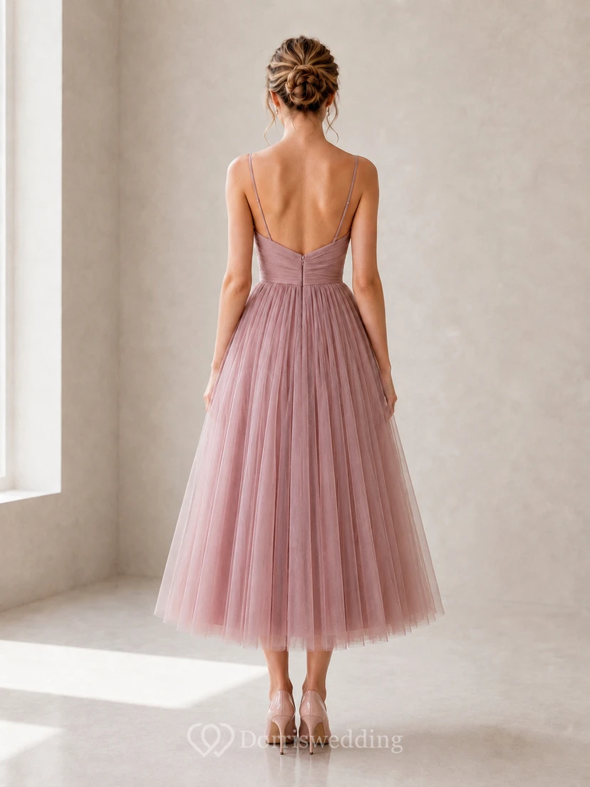 Dusty Rose Tulle Tea-Length A-Line Dress with Spaghetti Straps view 2