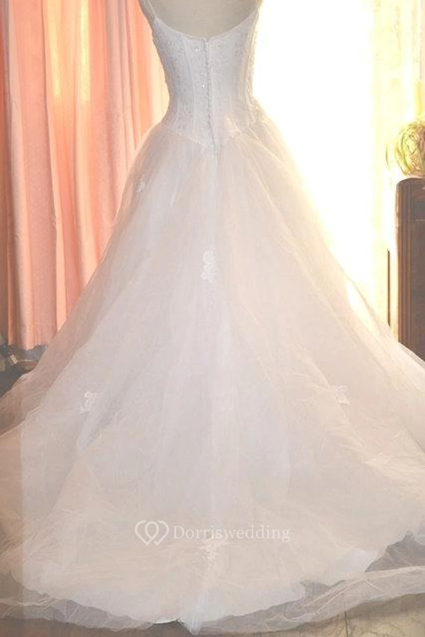 Spaghetti Straps A-Line Wedding Gown With Beaded Lace Bodice view 2
