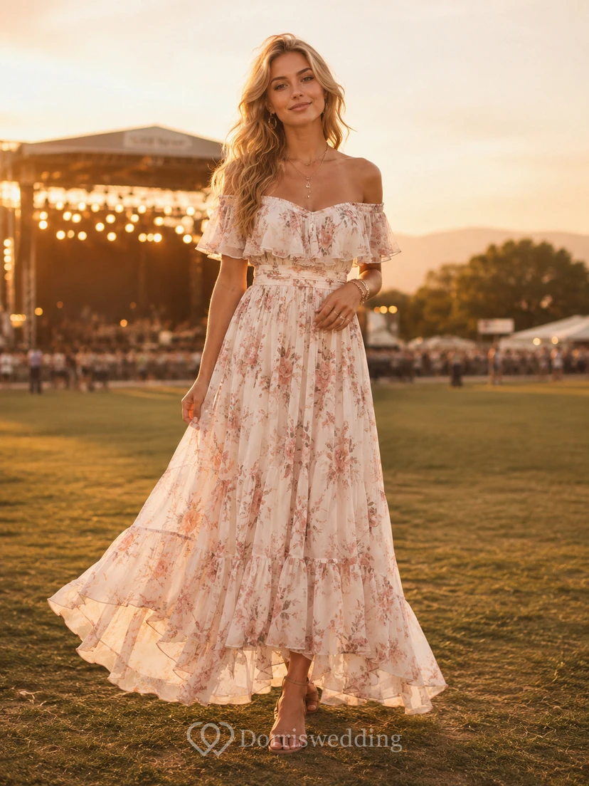 Cream Floral Off Shoulder Boho Outdoor Concert Maxi Dress