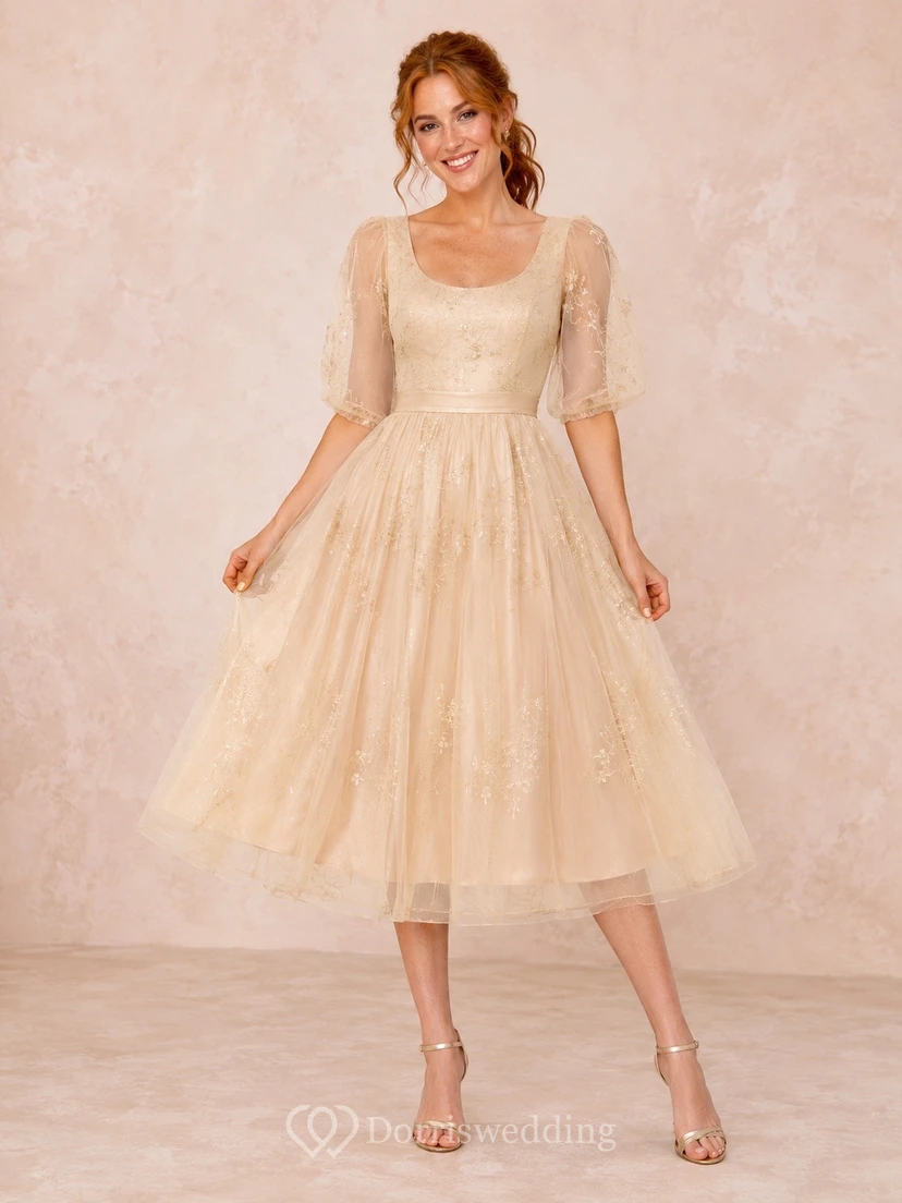 Champagne Square Neck Short Sleeve Tulle A-Line Tea-Length Dress