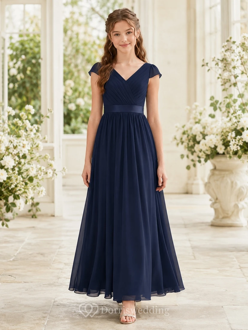 Ink Navy Junior Bridesmaid Dress A-Line Floor-Length V-Neck Short Sleeve Cap Detail Romantic