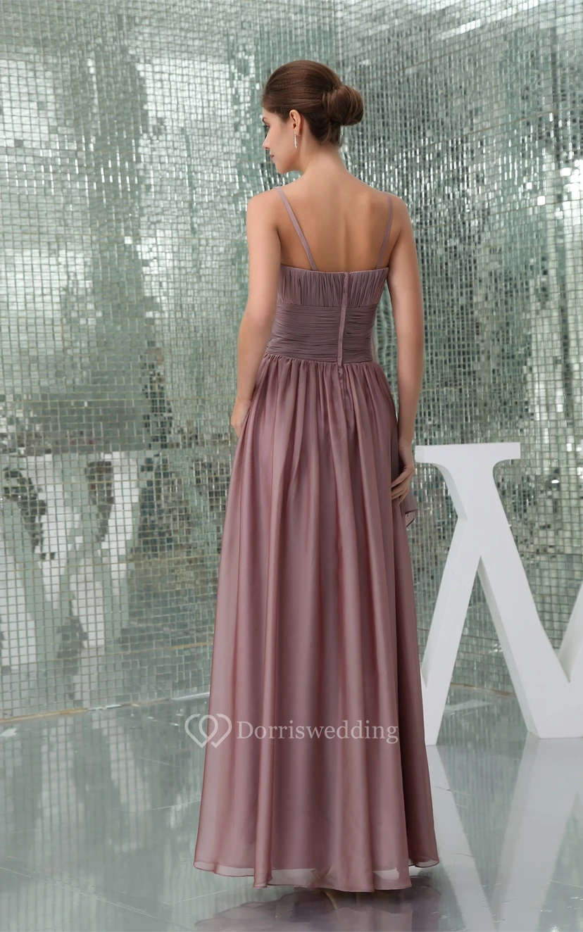 Spaghetti Straps Side Draping Ankle Length Ruched Gown With Ruffles and Flower view 6