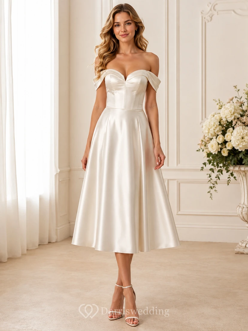 Robe de mariée en satin, coupe trapèze, longueur thé, épaules dénudées, manches courtes, décolleté en cœur et taille naturelle, manches courtes, col rabattu.