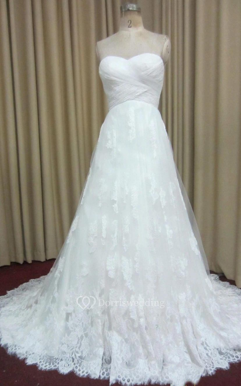 Sweetheart A-Line Lace Gown With Ruched Crisscross Bodice and Lace-Up Back