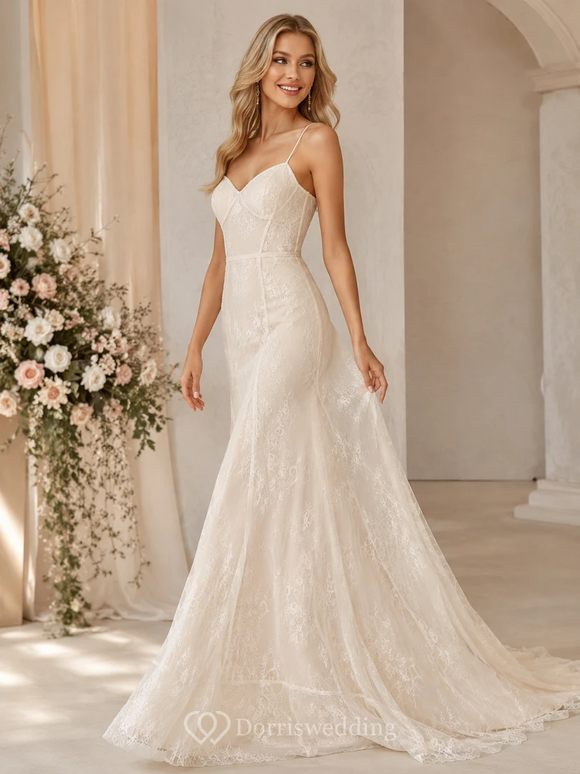 Lace Sexy Spaghetti Straps A-line Wedding Dress With Boning And Open Back view 4