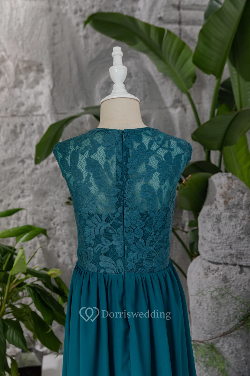 Scoop-neck Sleeveless Floor-length Ink Navy Flowergirl Dress with Lace Top view 10