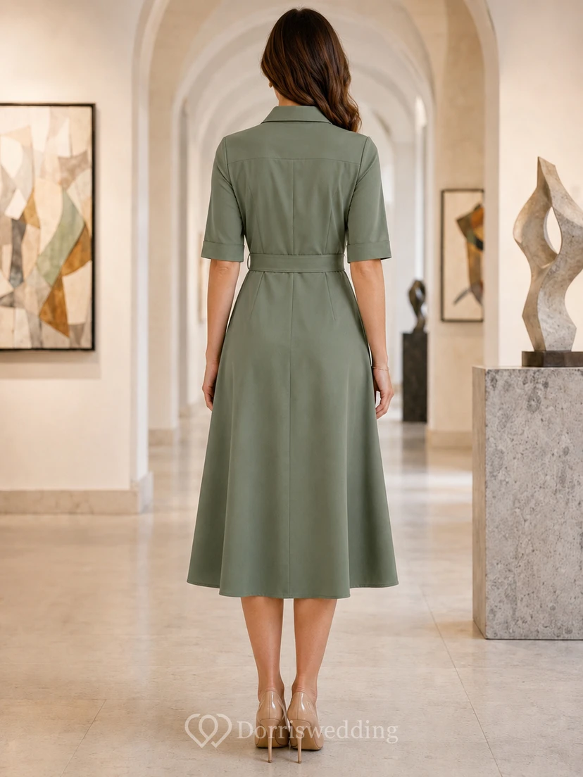 Sage collared tie waist museum lecture midi dress view 2