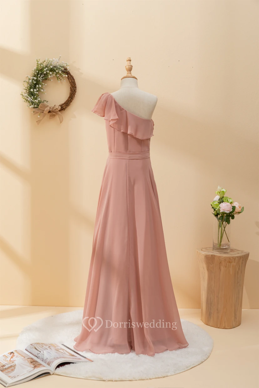 One-shoulder Asymmetrical Chiffon Pleated Floor-length Flowergirl Dress view 2