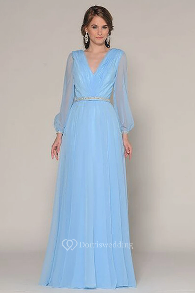 Floor-Length V-Neck Puff-Sleeve Prom Dress