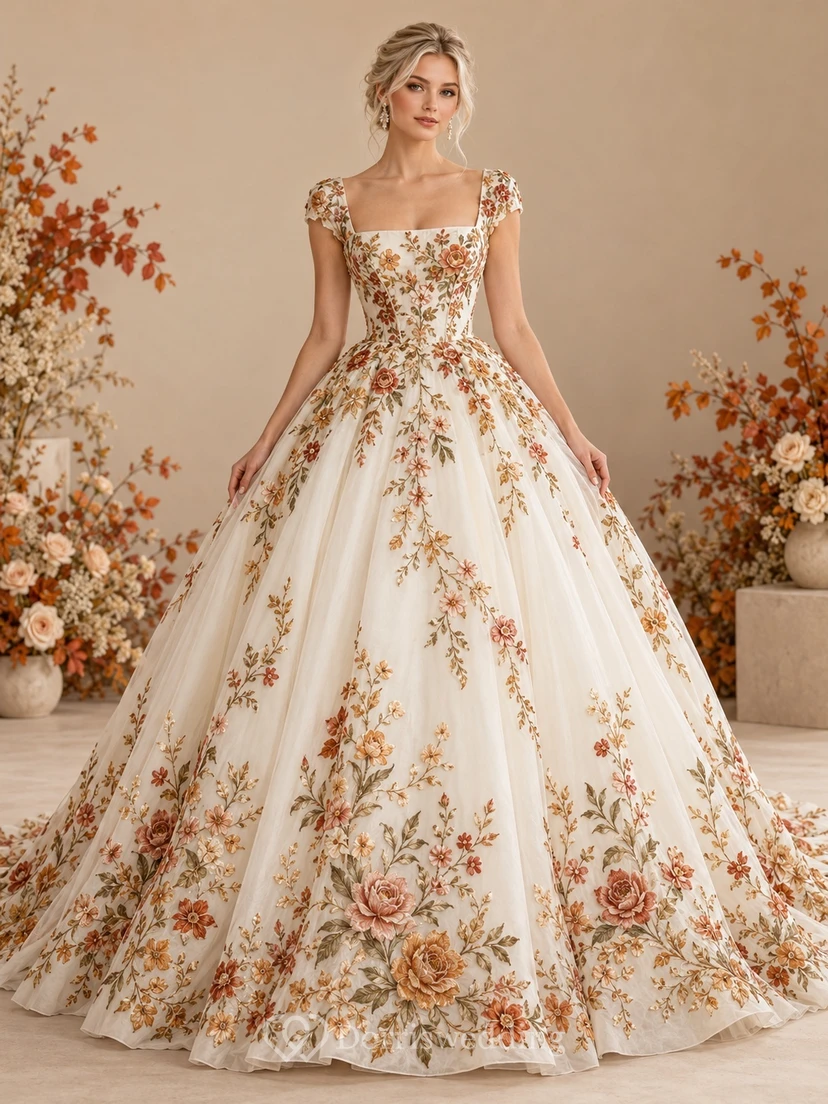Square Neck Autumn Floral Embroidered Cap Strap Ball Gown Wedding Dress
