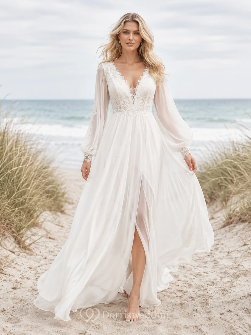 Boho V Neck Long Puff Sleeve Split Chiffon Sweep Beach Wedding Dress