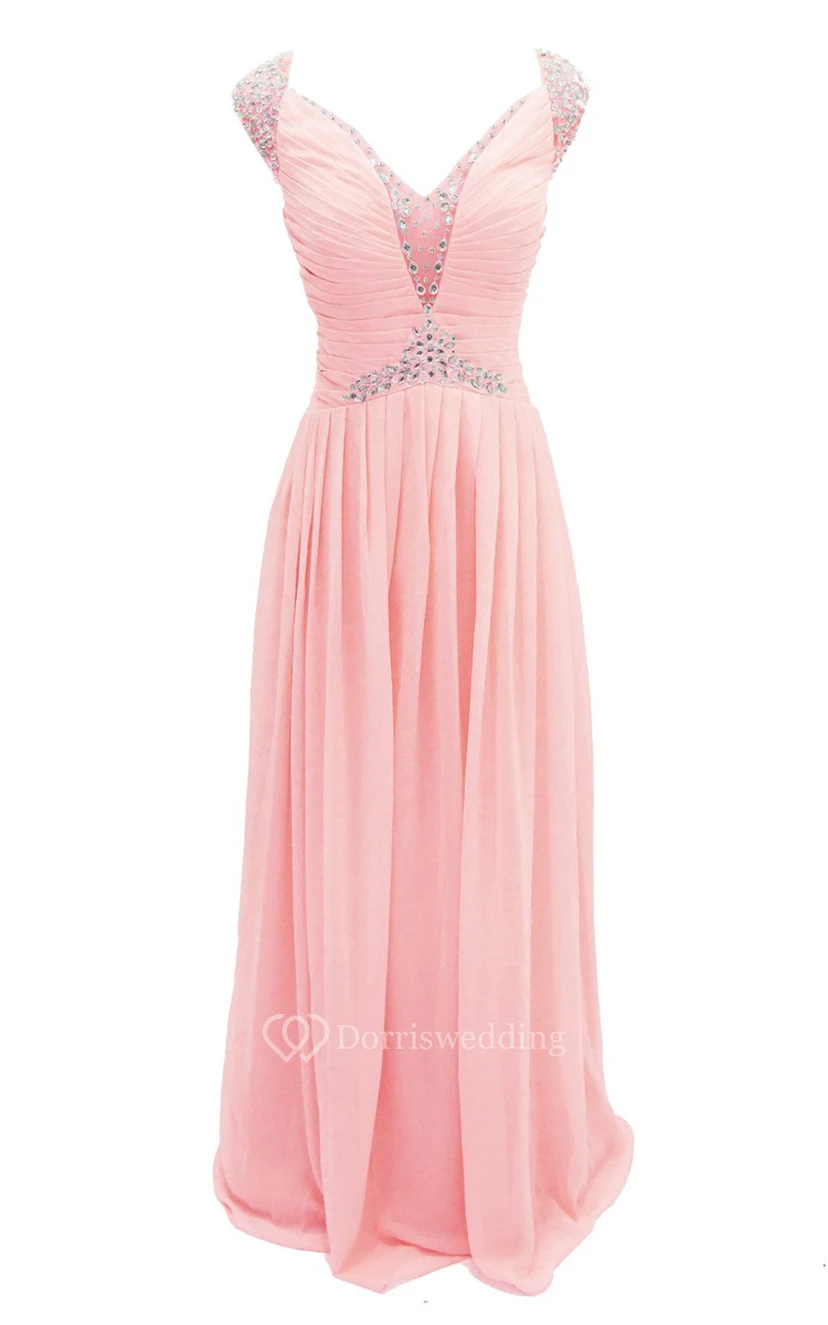 Cap-sleeve V-neck Chiffon A-line Gown With Crystal Detail view 2