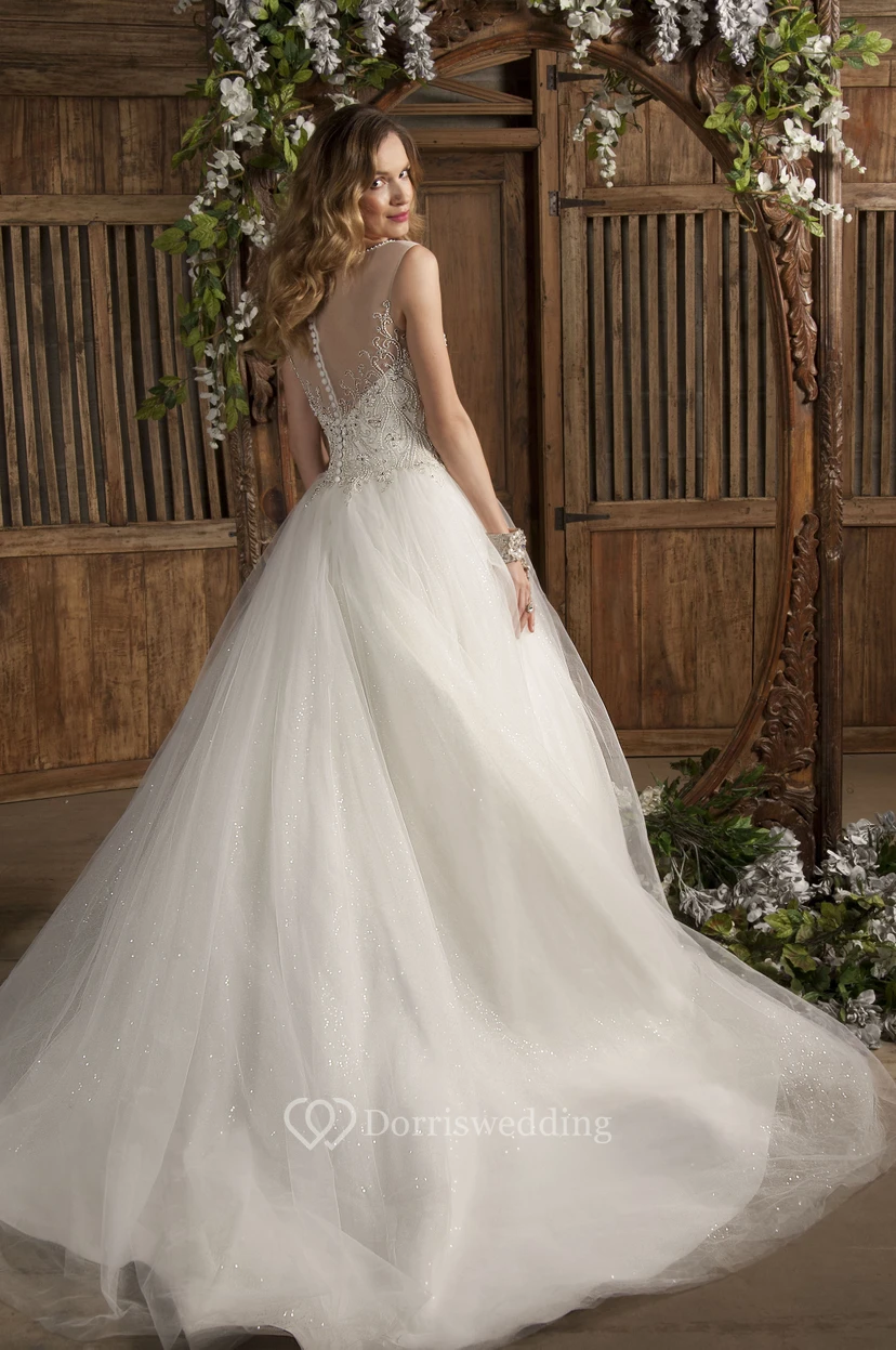 Ball Gown Bateau Neck Sleeveless Appliqued Tulle Wedding Dress view 2