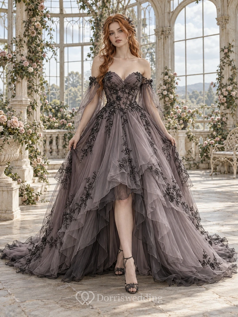 High-low Off Shoulder Grey Black Lace Tiered Tulle Wedding Dress